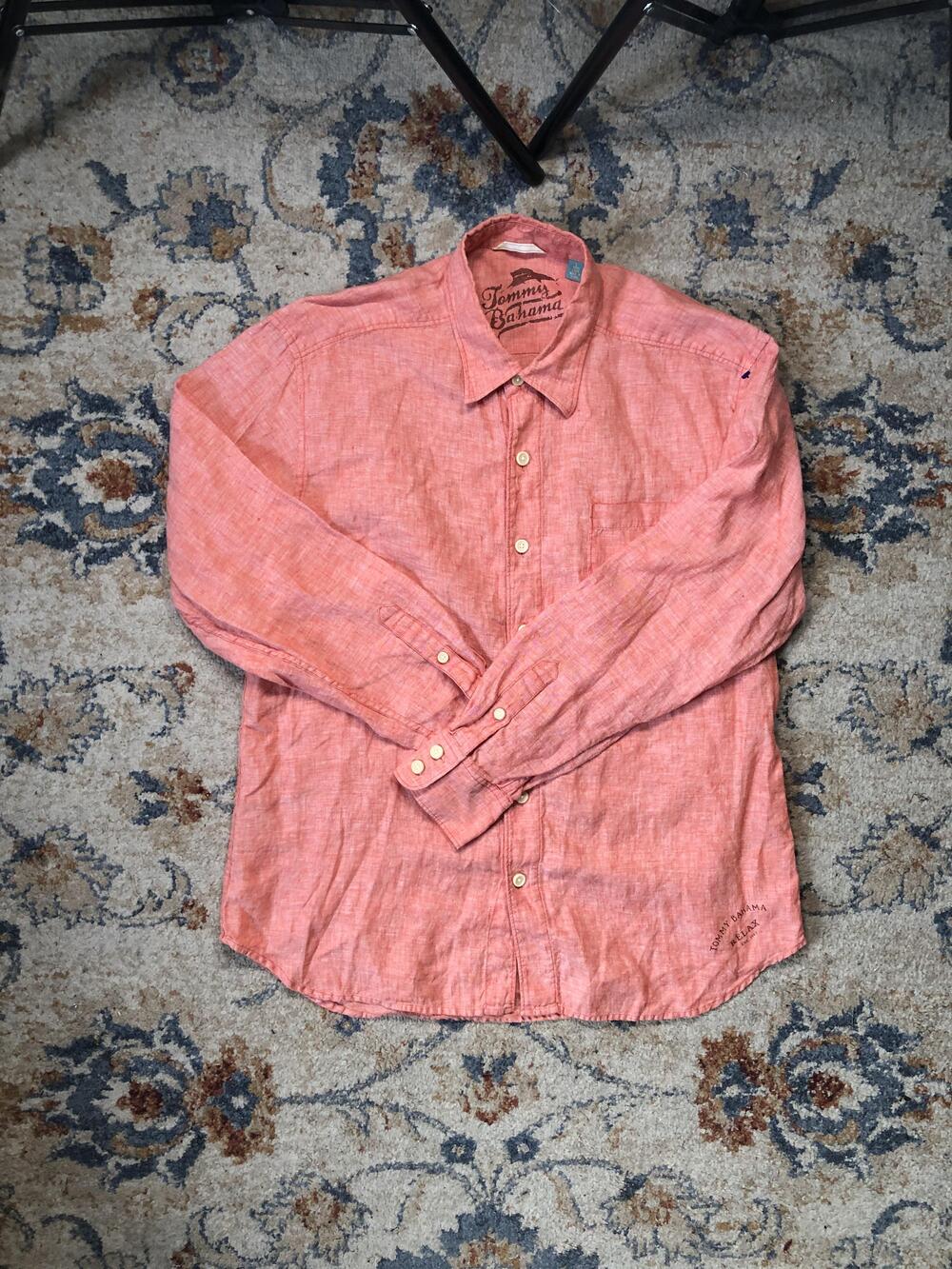 Tommy Bahama Shirt Mens Large Pink 100% Linen Long Sleeve Button Up Relax Fit